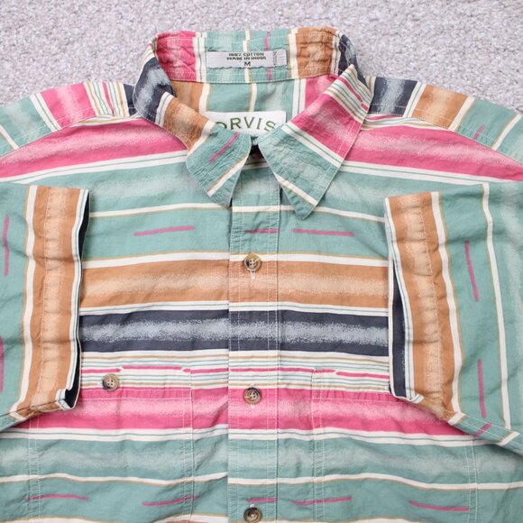Orvis Other - Orvis Shirt Mens Medium Green/Pink Striped 100% Cotton Short Sleeve Button